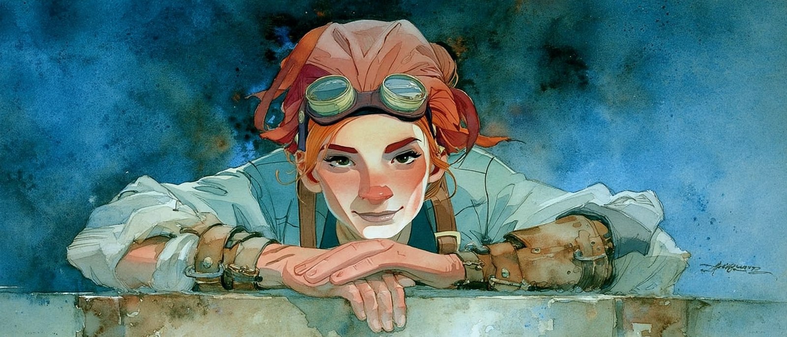 Anastasia Ravenswood leaning on a wall, goggles pushed up on her head