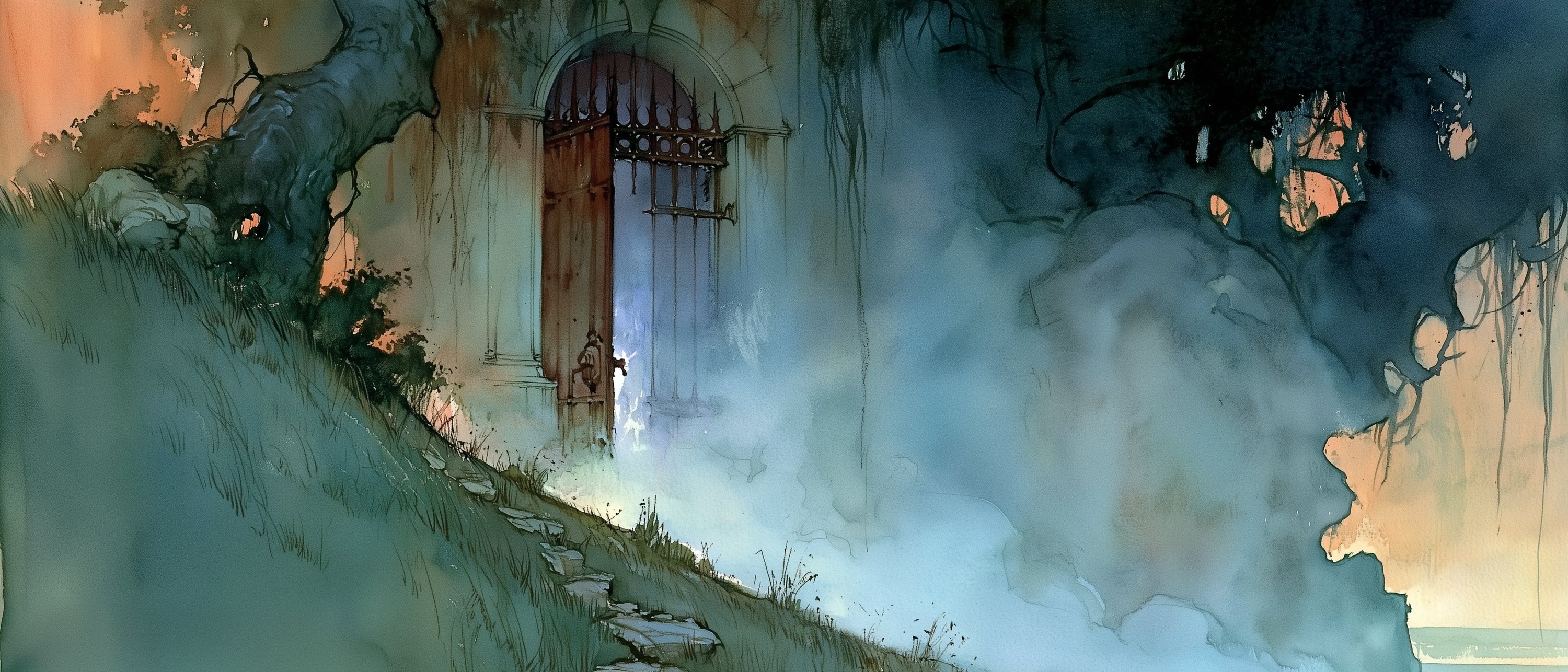 The Shadebarrow's iron gate standing open in a grassy hillside, pale fog spilling out of it and running downhill
