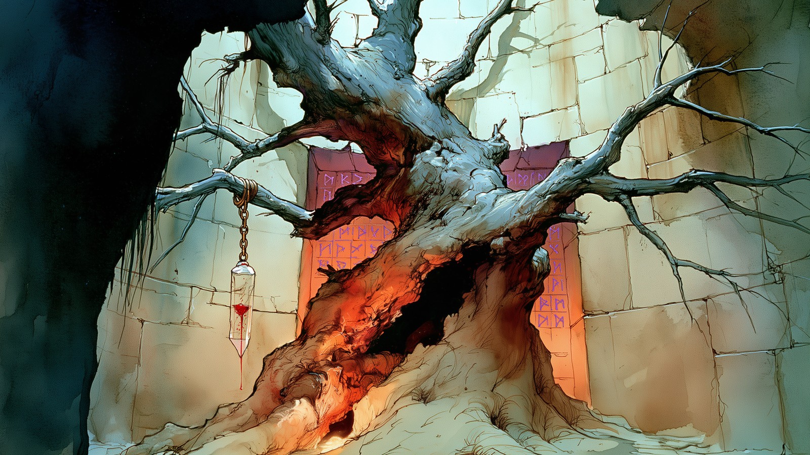 A gnarled tree of grey stone fused into the floor of the Shadebarrow's first chamber, a blood-filled crystal hanging from one branch